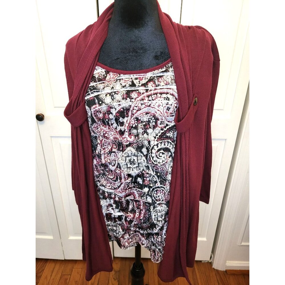 CJ Banks Burgundy Paisley Layered Look Cardigan Ruffles Sequin 2X Whimsygoth Y2K